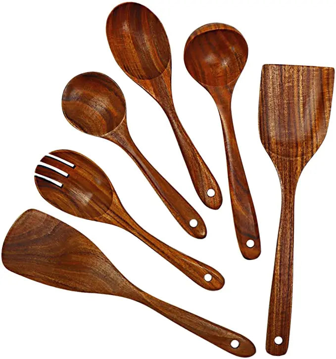 Natural Teak Wooden Kitchen Utensils Set for Cooking Use