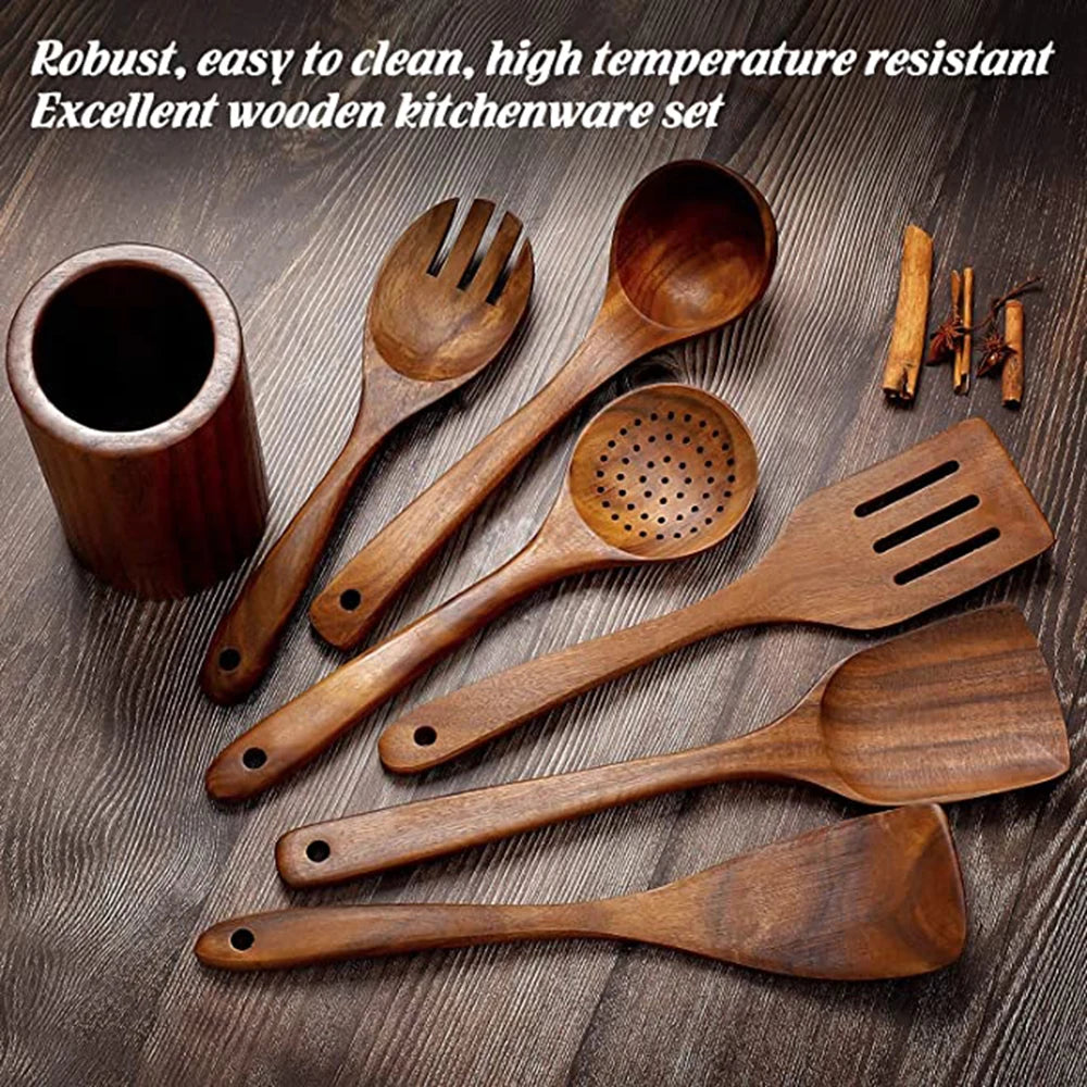 Natural Teak Wooden Kitchen Utensils Set for Cooking Use