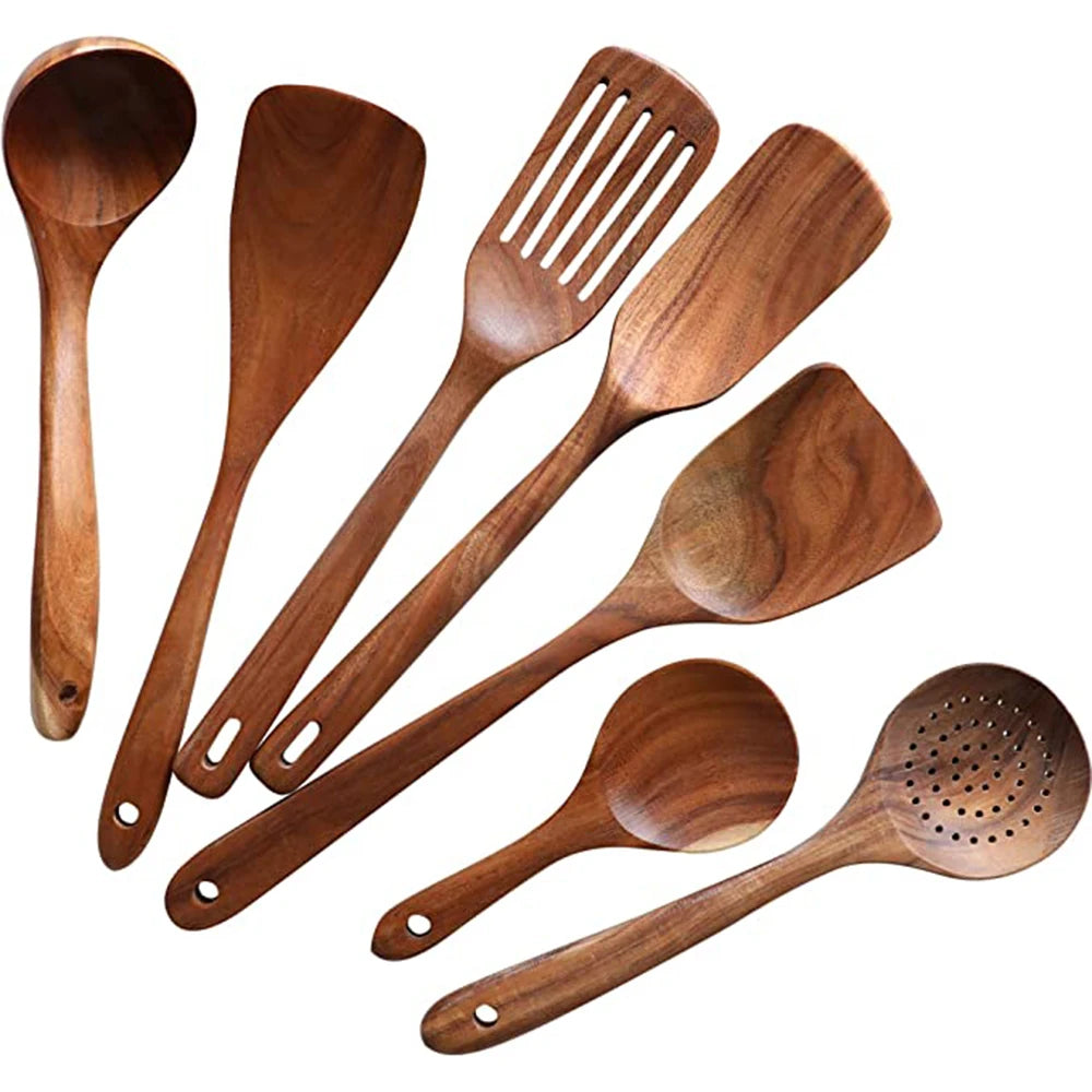 Natural Teak Wooden Kitchen Utensils Set for Cooking Use