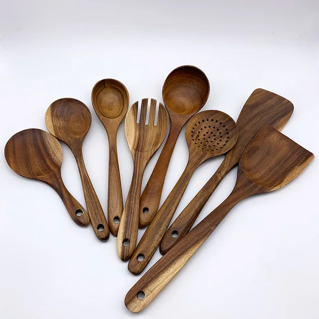 Natural Teak Wooden Kitchen Utensils Set for Cooking Use