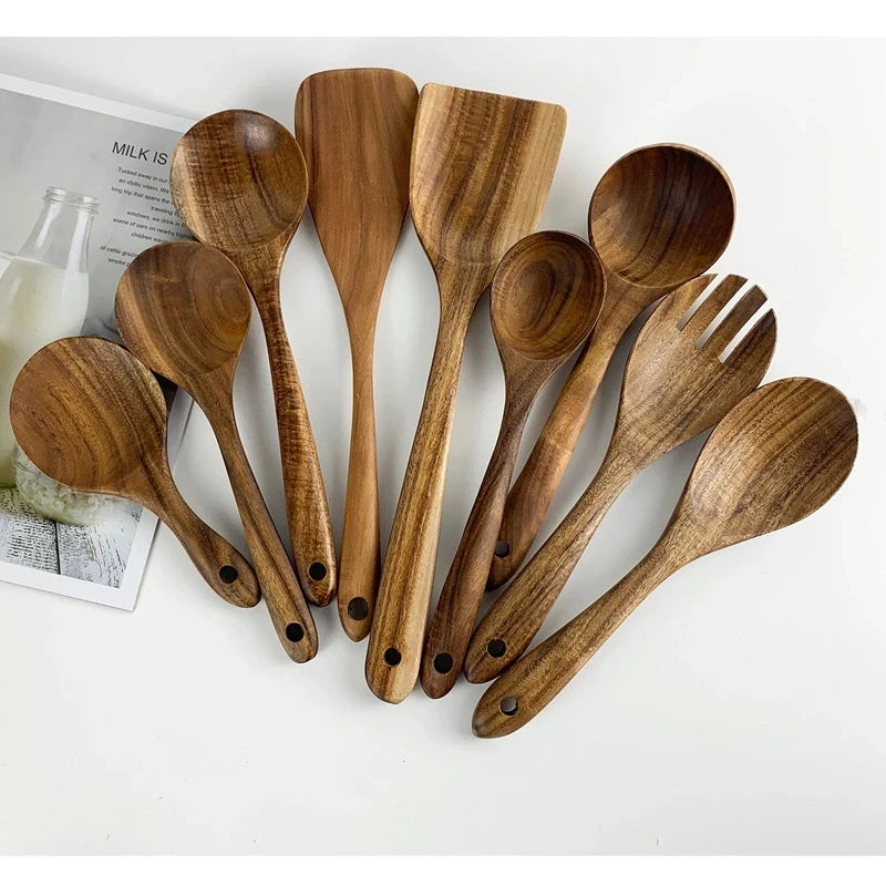 Natural Teak Wooden Kitchen Utensils Set for Cooking Use