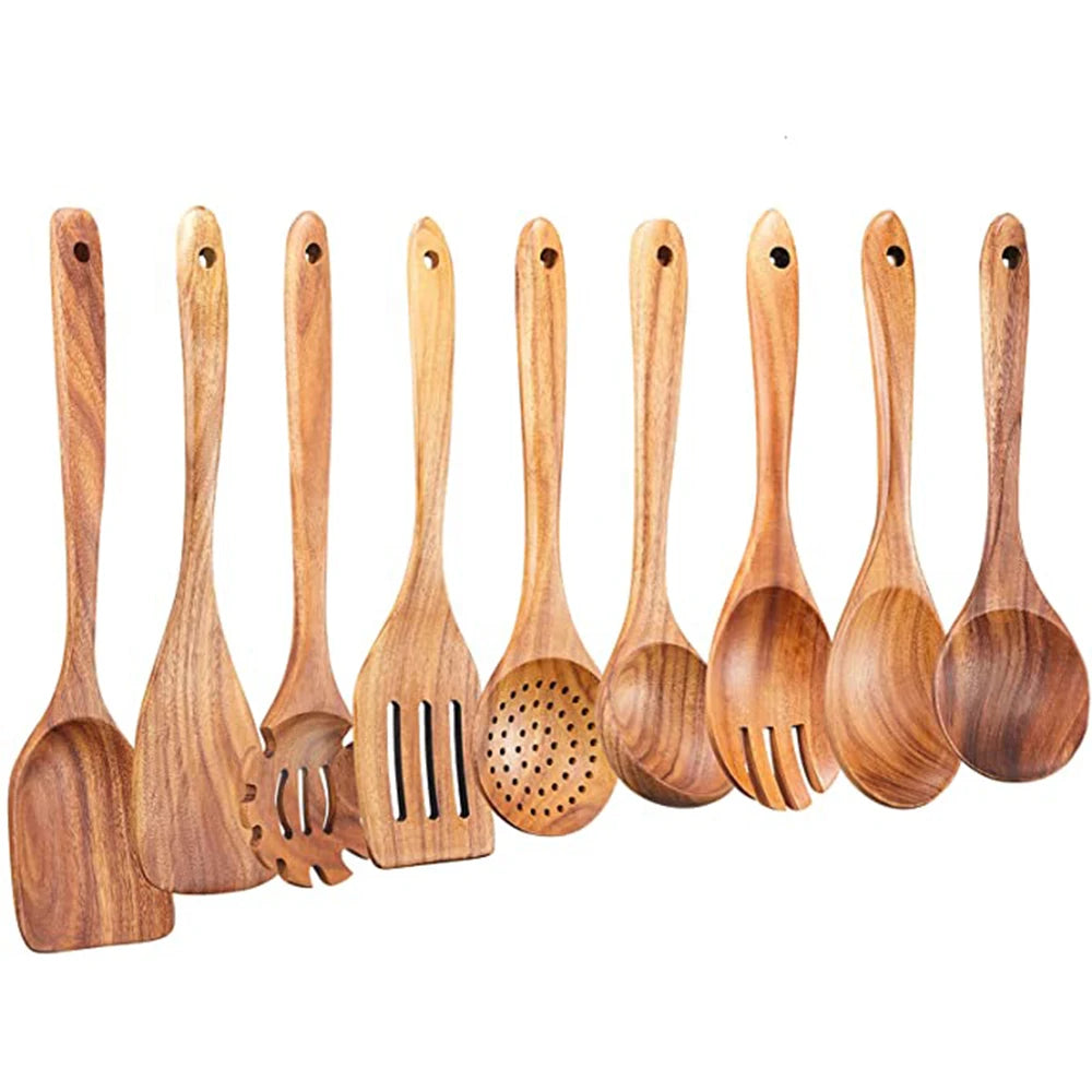 Natural Teak Wooden Kitchen Utensils Set for Cooking Use