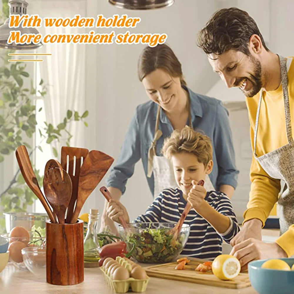 Natural Teak Wooden Kitchen Utensils Set for Cooking Use