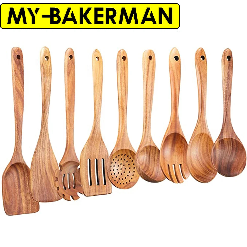 Natural Teak Wooden Kitchen Utensils Set for Cooking Use
