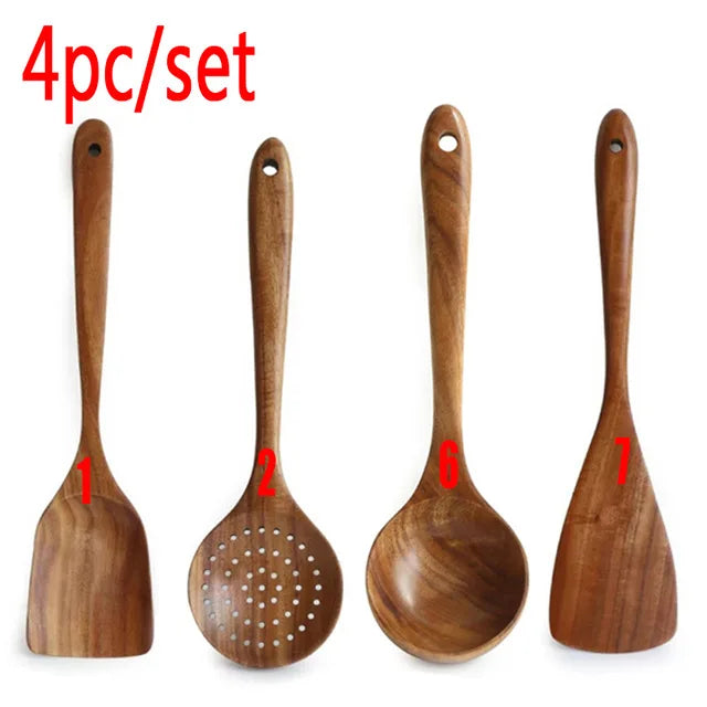 Natural Teak Wooden Kitchen Utensils Set for Cooking Use