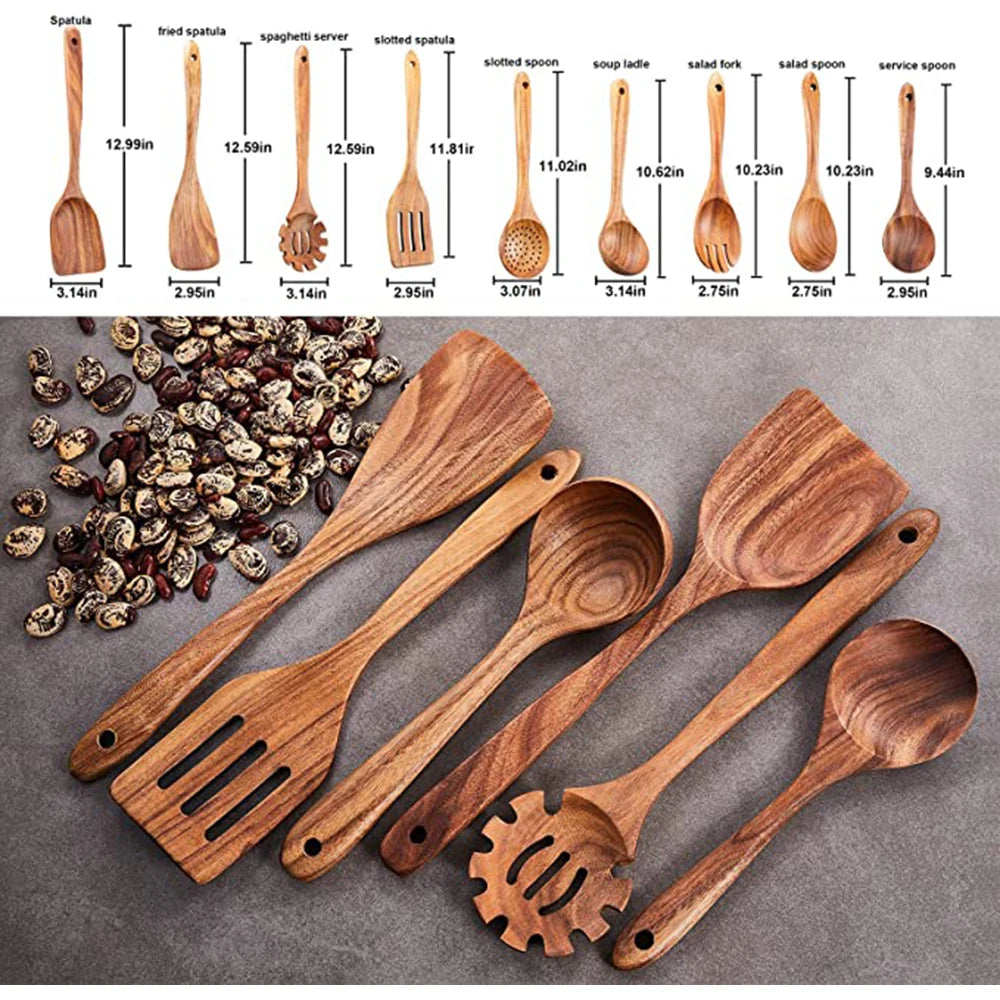 Natural Teak Wooden Kitchen Utensils Set for Cooking Use