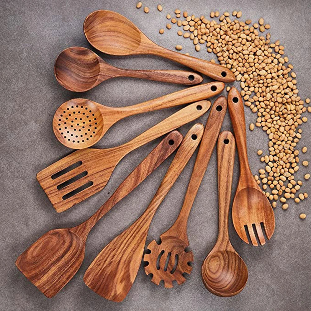 Natural Teak Wooden Kitchen Utensils Set for Cooking Use