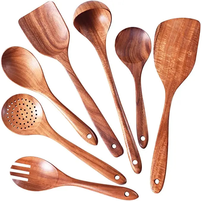 Natural Teak Wooden Kitchen Utensils Set for Cooking Use