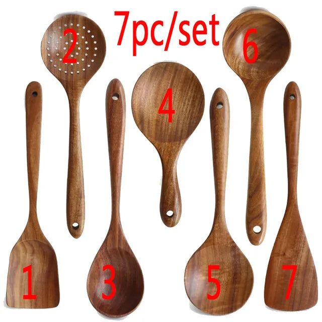 Natural Teak Wooden Kitchen Utensils Set for Cooking Use