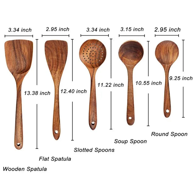 Natural Teak Wooden Kitchen Utensils Set for Cooking Use