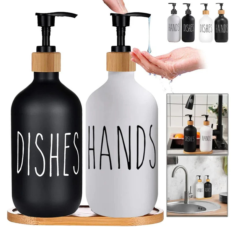 500ml Refillable Soap Dispenser Set with Bamboo Tray