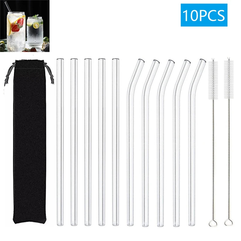 1–10Pcs Reusable Glass Straws – Eco-Friendly with Cleaning Brush
