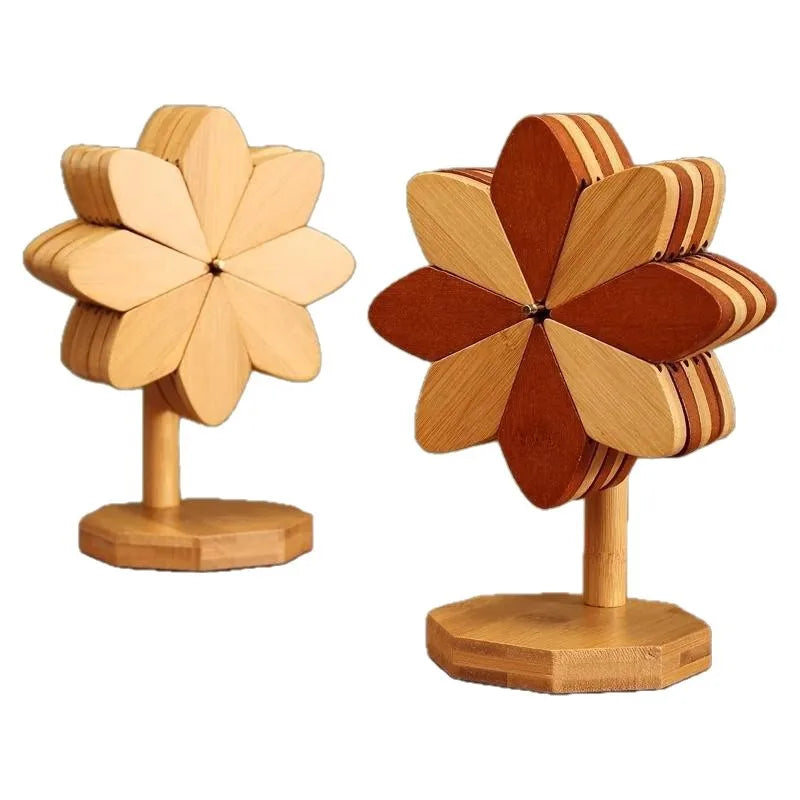 Flower Shaped Bamboo Trivet Set Foldable Heat Resistant Coasters