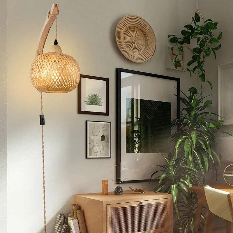 Handwoven Bamboo Lantern Wall Lamp Rattan E27 Fixture Decor