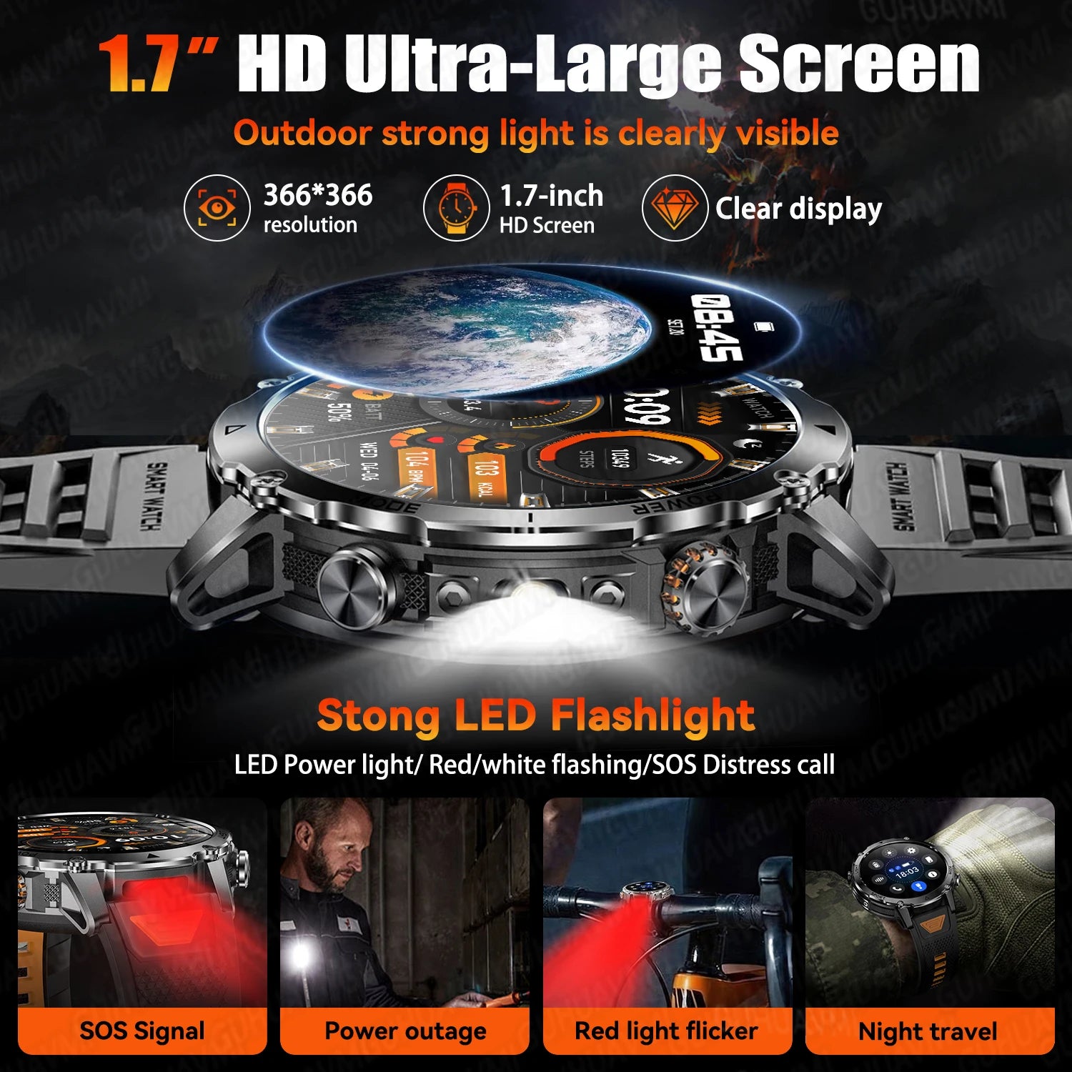 Military Smartwatch 1400mAh Battery Outdoor 10ATM Waterproof Men