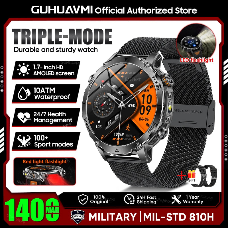 Military Smartwatch 1400mAh Battery Outdoor 10ATM Waterproof Men