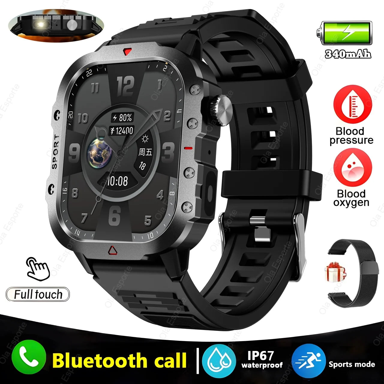 Military GPS Smartwatch – Huawei/Xiaomi Compatible with Flashlight & Compass