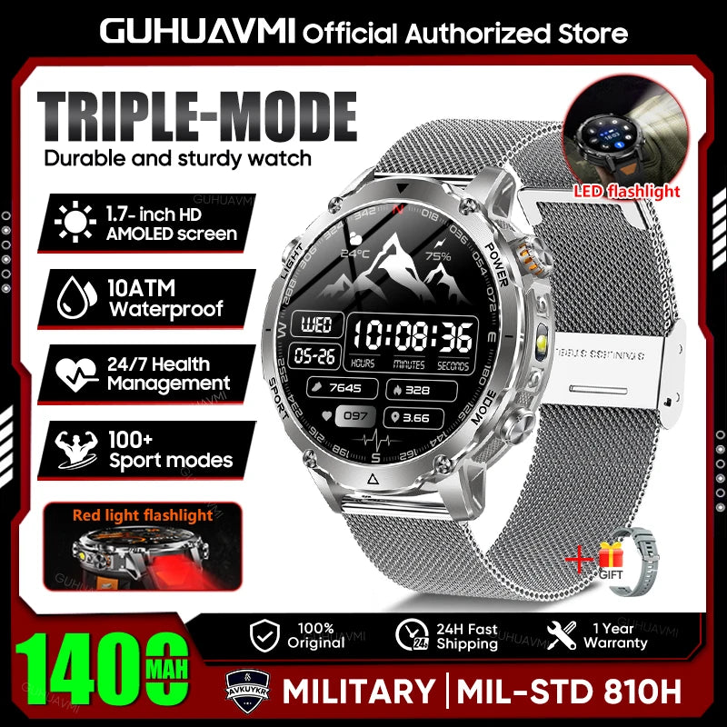 Military Smartwatch 1400mAh Battery Outdoor 10ATM Waterproof Men