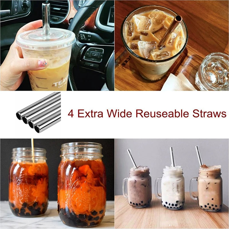 4Pcs Reusable Boba Straws – Stainless Steel with Cleaning Brush