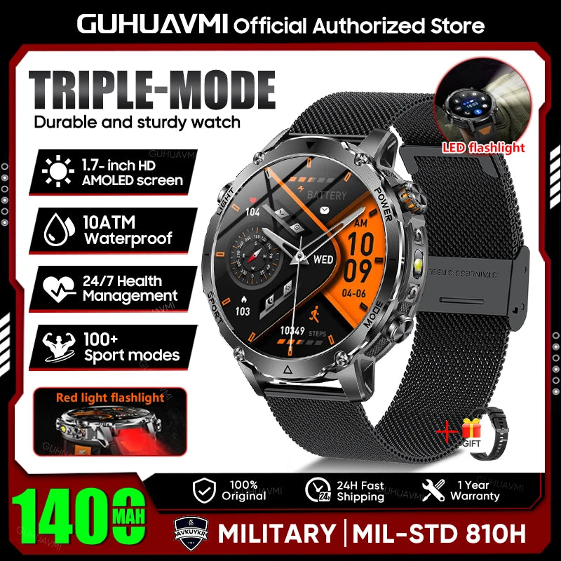 Military Smartwatch 1400mAh Battery Outdoor 10ATM Waterproof Men