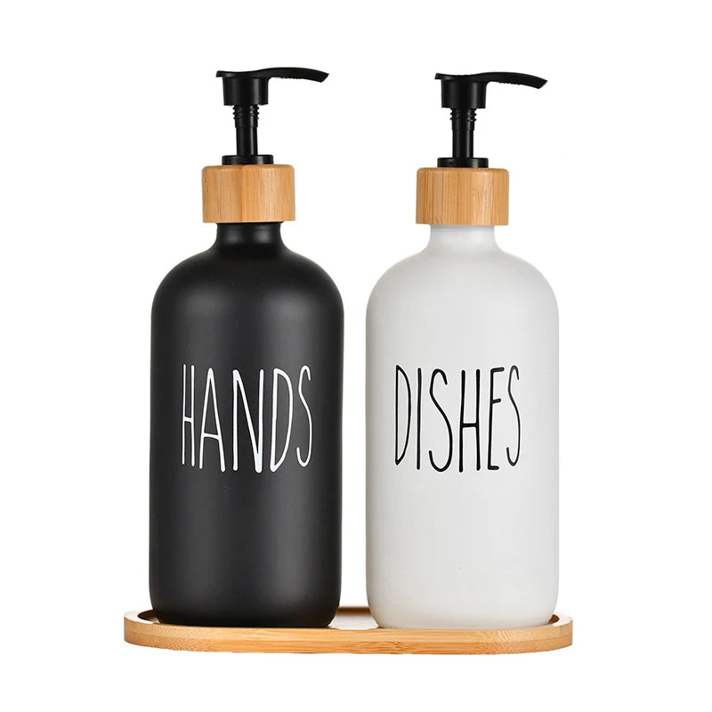 500ml Refillable Soap Dispenser Set with Bamboo Tray