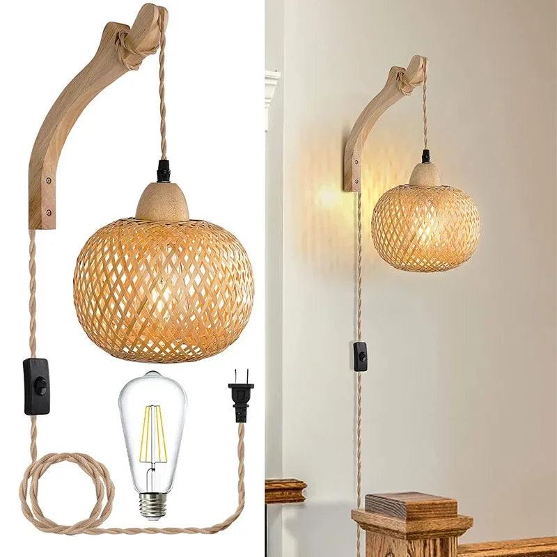 Handwoven Bamboo Lantern Wall Lamp Rattan E27 Fixture Decor