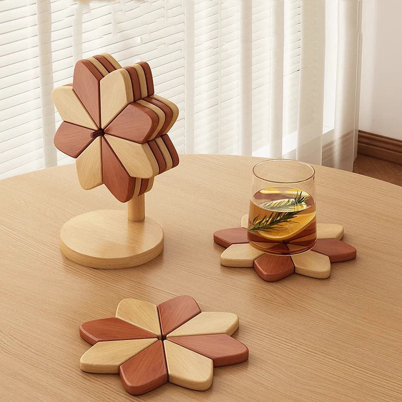 Flower Shaped Bamboo Trivet Set Foldable Heat Resistant Coasters