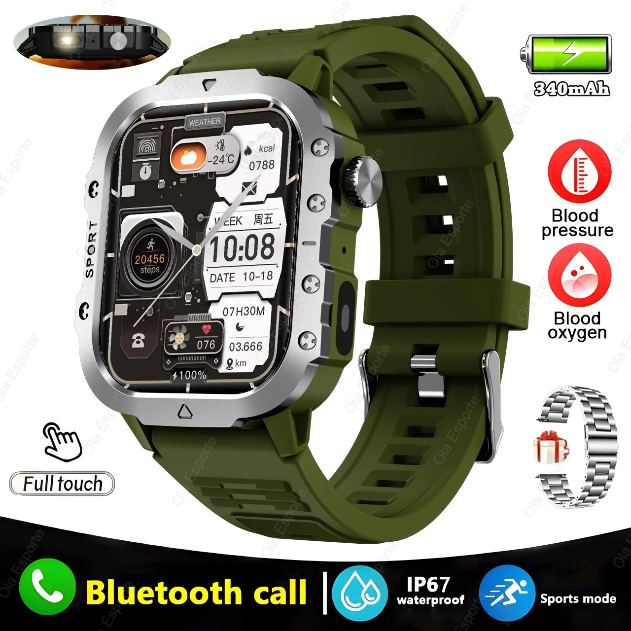 Military GPS Smartwatch – Huawei/Xiaomi Compatible with Flashlight & Compass