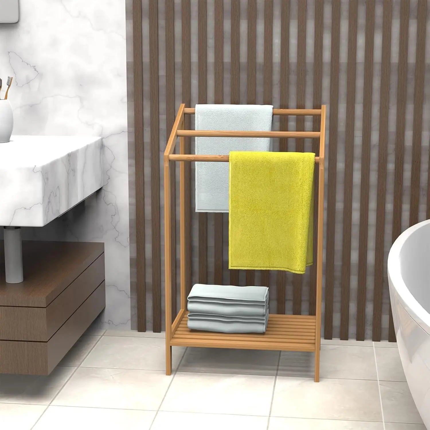 3-Tier Bamboo Freestanding Towel Rack – Bathroom Organizer