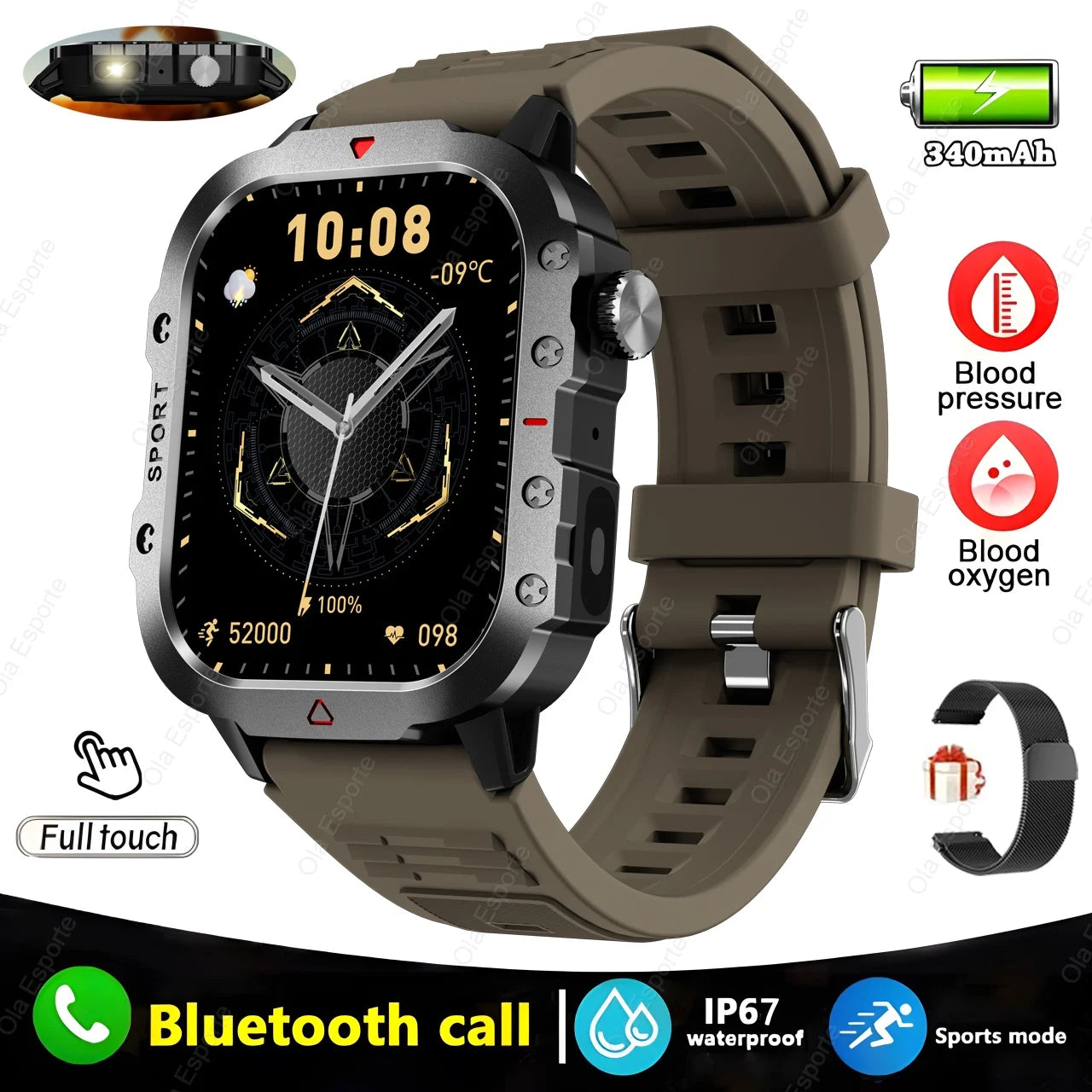 Military GPS Smartwatch – Huawei/Xiaomi Compatible with Flashlight & Compass