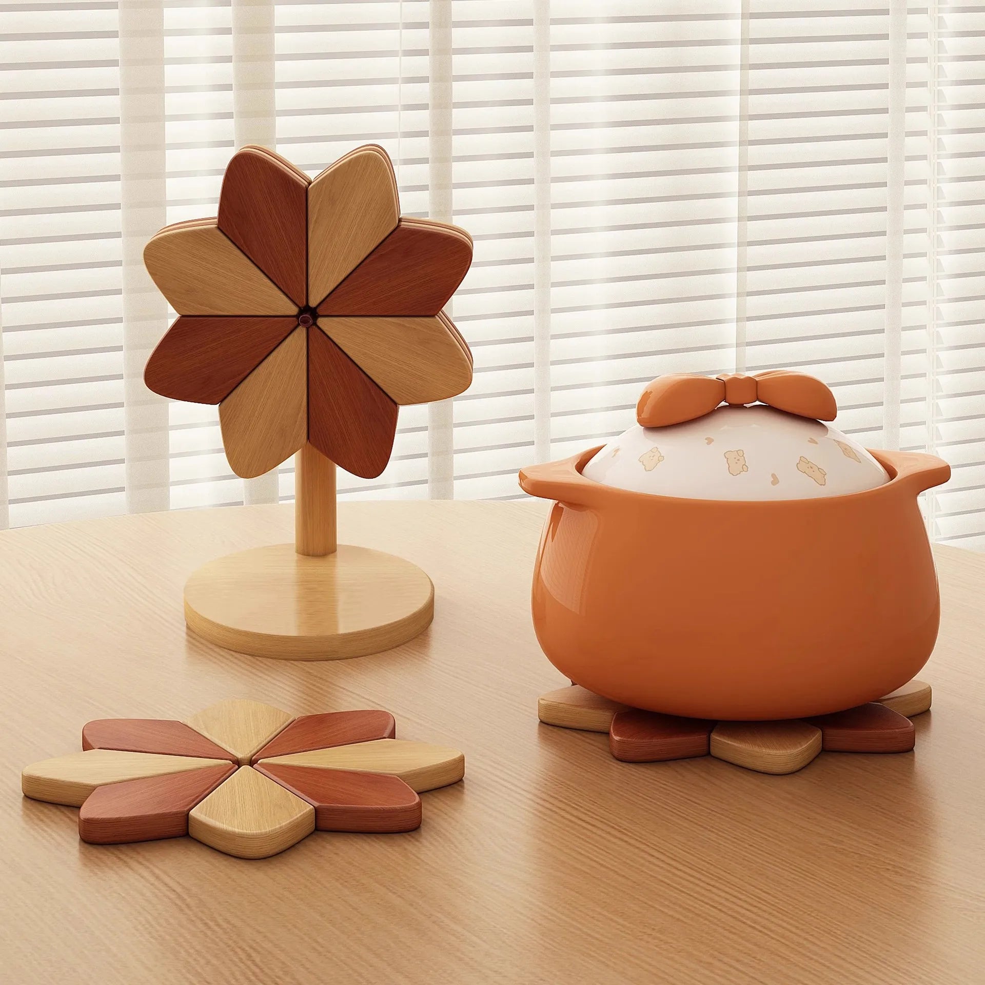 Flower Shaped Bamboo Trivet Set Foldable Heat Resistant Coasters