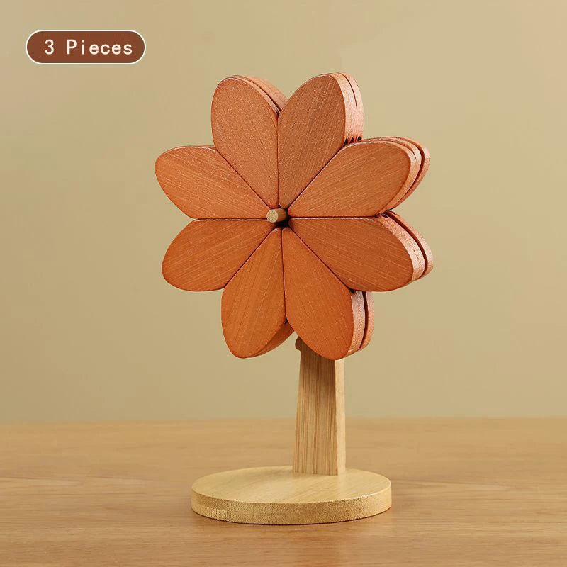Flower Shaped Bamboo Trivet Set Foldable Heat Resistant Coasters