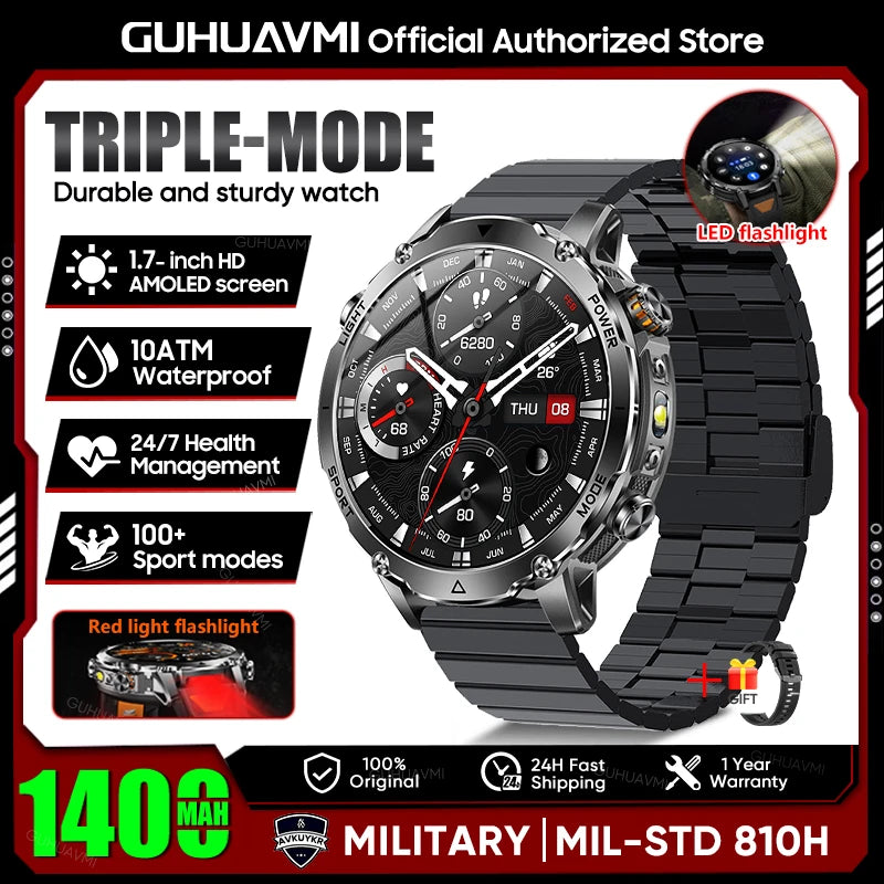 Military Smartwatch 1400mAh Battery Outdoor 10ATM Waterproof Men