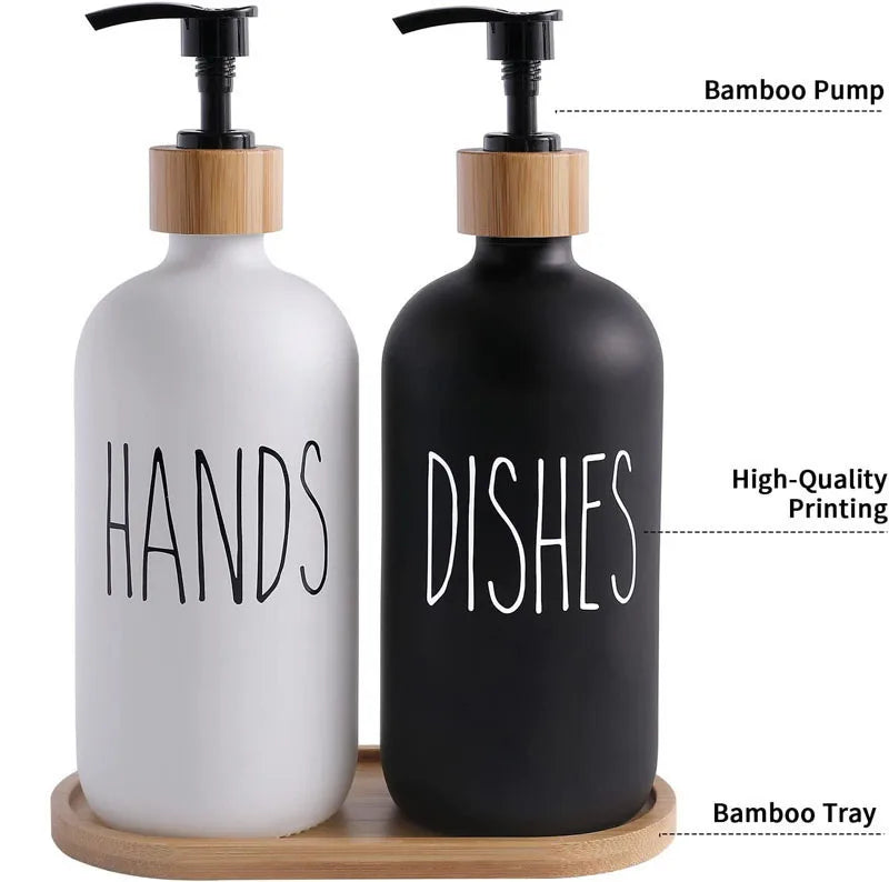 500ml Refillable Soap Dispenser Set with Bamboo Tray