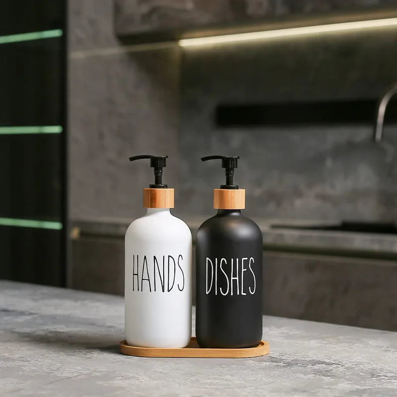 500ml Refillable Soap Dispenser Set with Bamboo Tray