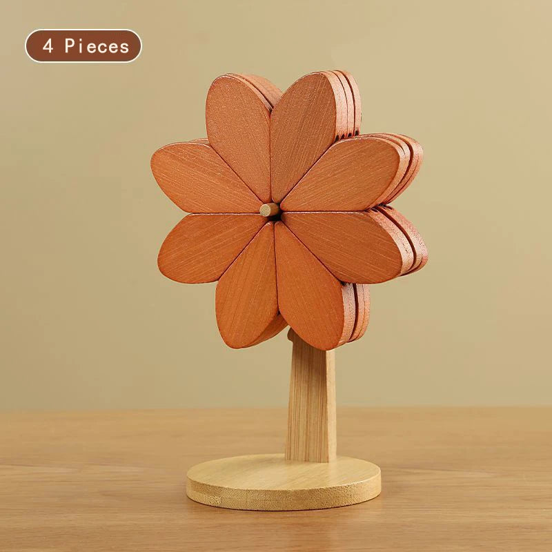 Flower Shaped Bamboo Trivet Set Foldable Heat Resistant Coasters
