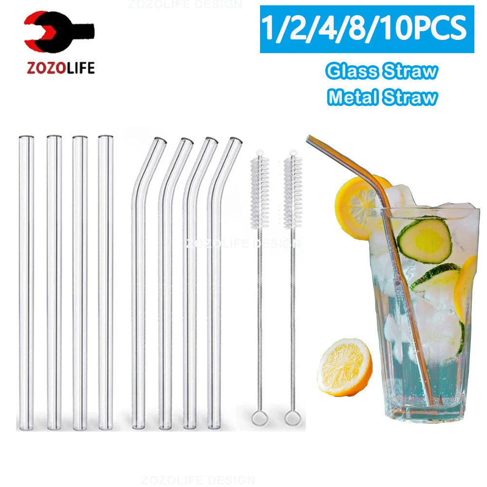 1–10Pcs Reusable Glass Straws – Eco-Friendly with Cleaning Brush