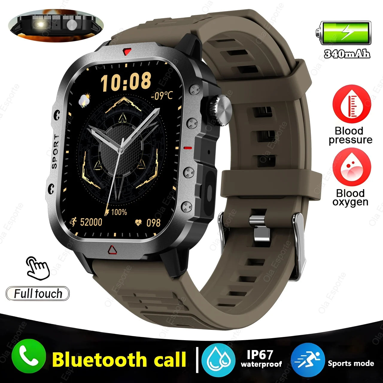 Military GPS Smartwatch – Huawei/Xiaomi Compatible with Flashlight & Compass