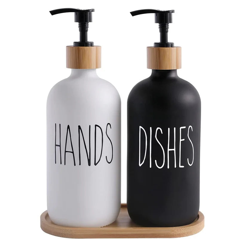 500ml Refillable Soap Dispenser Set with Bamboo Tray
