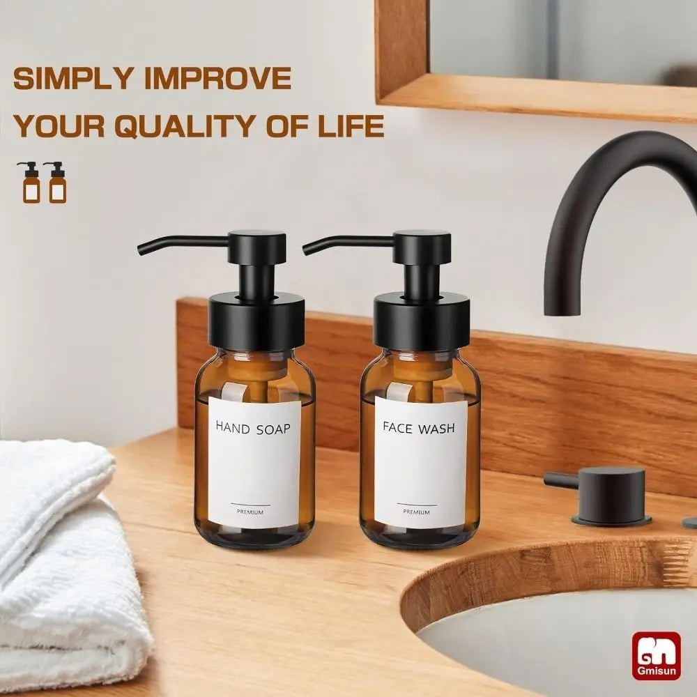 Thick Amber Glass Foaming Soap Dispenser Pump Bottle Kitchen