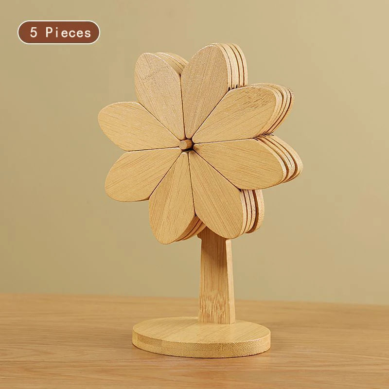 Flower Shaped Bamboo Trivet Set Foldable Heat Resistant Coasters