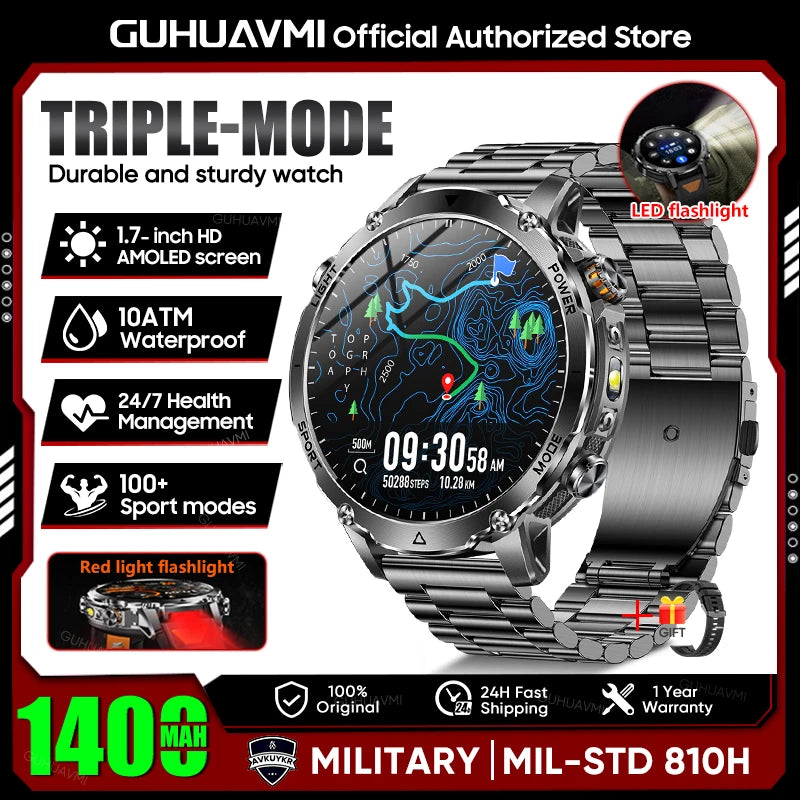 Military Smartwatch 1400mAh Battery Outdoor 10ATM Waterproof Men