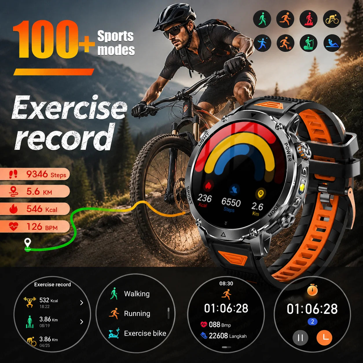 Military Smartwatch 1400mAh Battery Outdoor 10ATM Waterproof Men