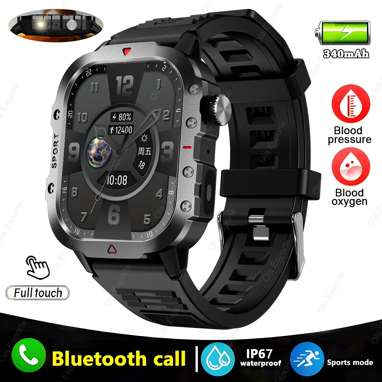 Military GPS Smartwatch – Huawei/Xiaomi Compatible with Flashlight & Compass