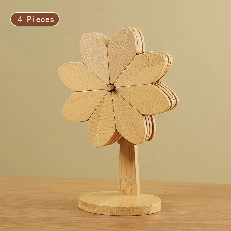 Flower Shaped Bamboo Trivet Set Foldable Heat Resistant Coasters