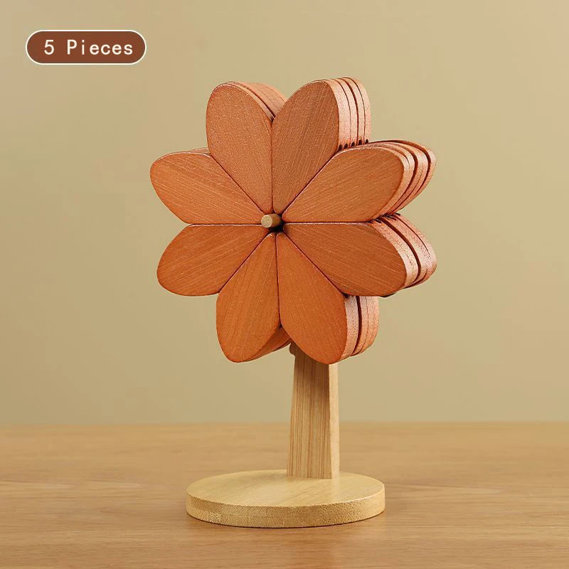 Flower Shaped Bamboo Trivet Set Foldable Heat Resistant Coasters