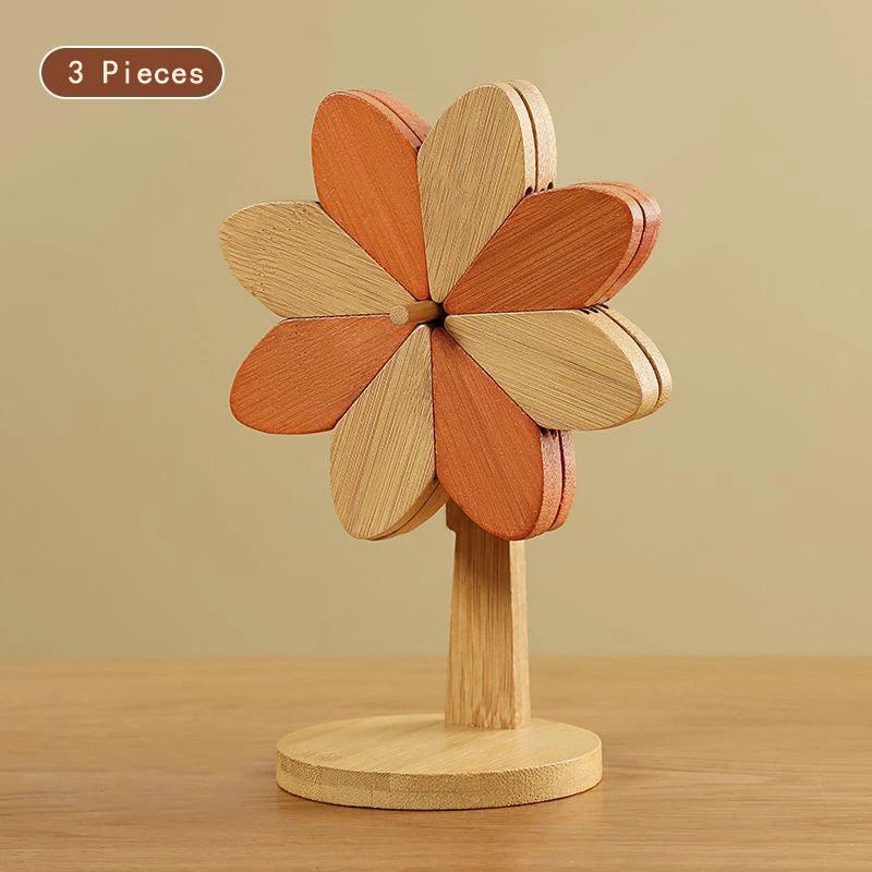 Flower Shaped Bamboo Trivet Set Foldable Heat Resistant Coasters