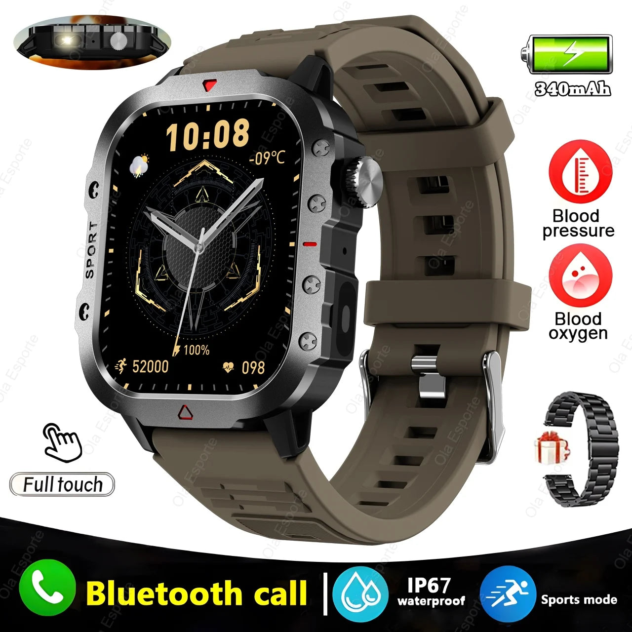 Military GPS Smartwatch – Huawei/Xiaomi Compatible with Flashlight & Compass