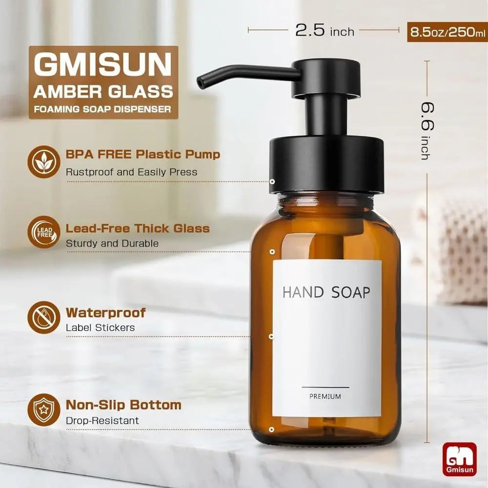 Thick Amber Glass Foaming Soap Dispenser Pump Bottle Kitchen