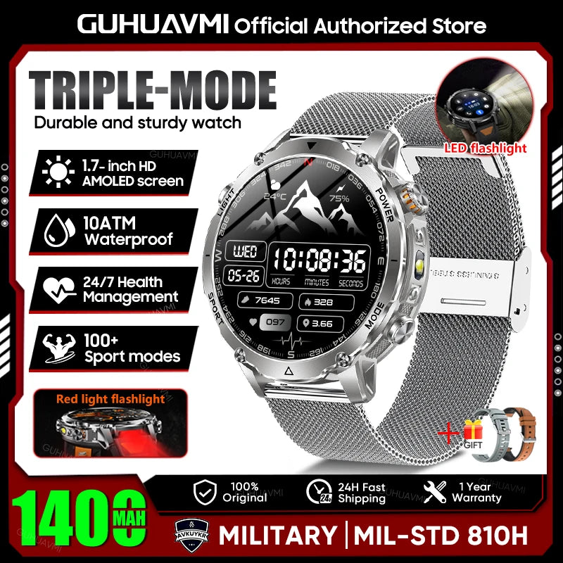 Military Smartwatch 1400mAh Battery Outdoor 10ATM Waterproof Men